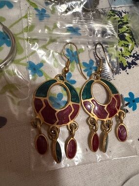 Gold-Tone Green and Burgundy Dangle Earrings - Women Jewelry